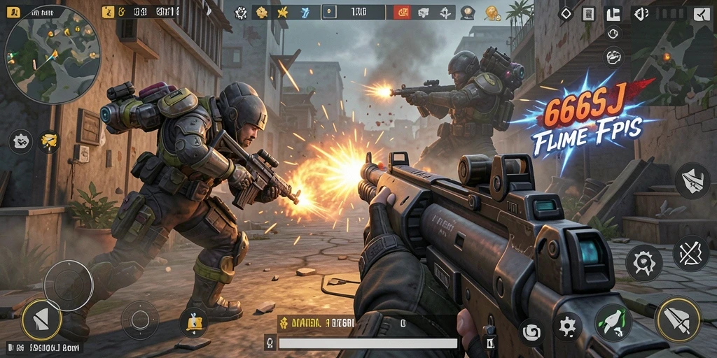 Screenshot 666J menampilkan aksi tembakan seru dalam dunia FPS.