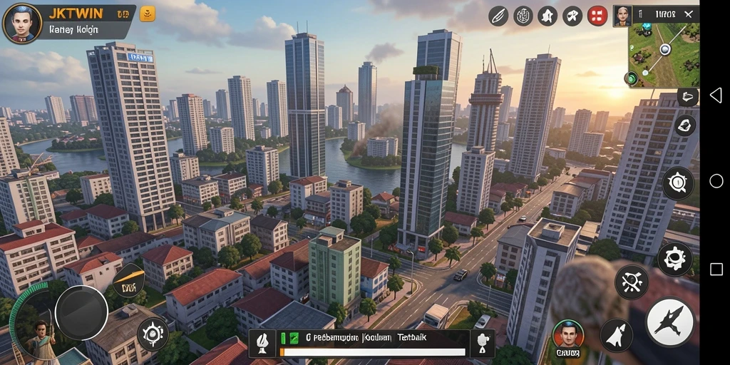 Screenshot gameplay JKTWIN menampilkan kota yang sedang berkembang pesat.