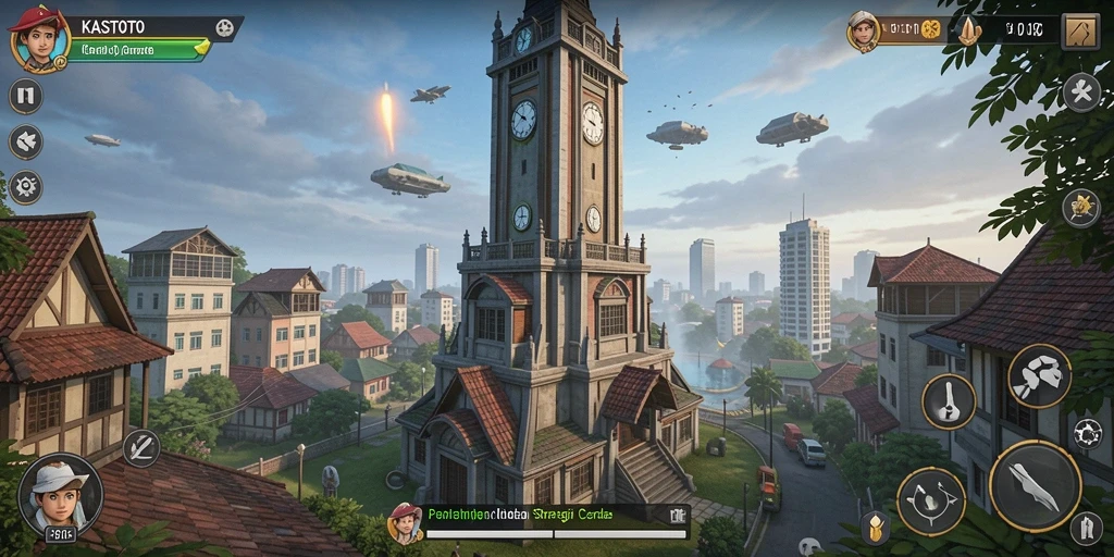 Screenshot gameplay <strong>KASTOTO</strong> yang menunjukkan aksi menara pertahanan yang strategis.