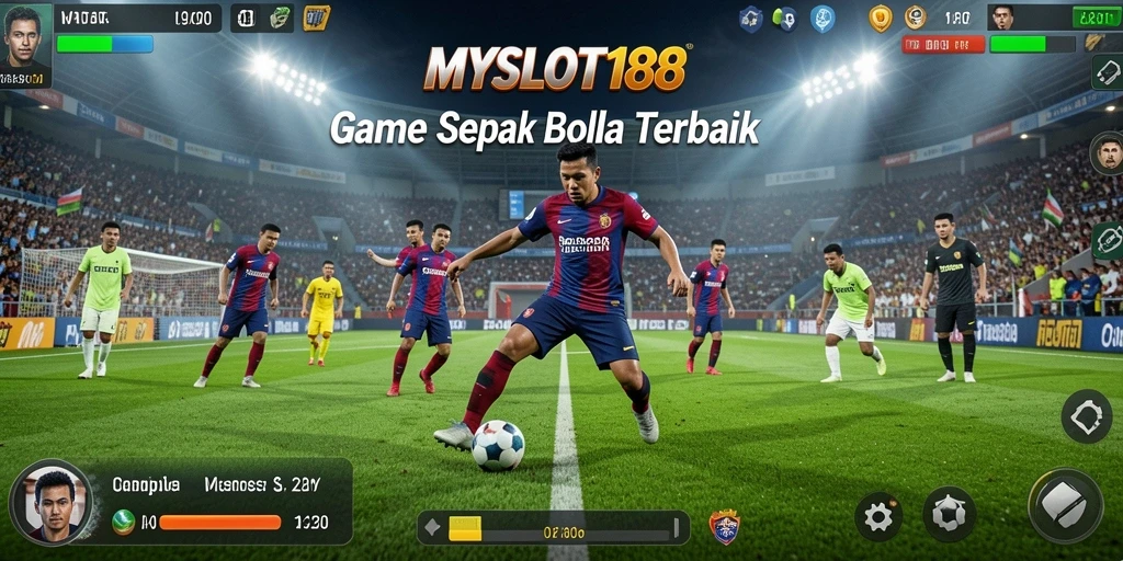 Screenshot utama MYSLOT188 menampilkan aksi mendebarkan dalam pertandingan sepak bola.
