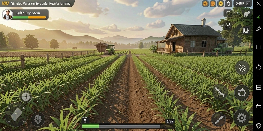 Screenshot V87 menampilkan gameplay seru saat bertani.
